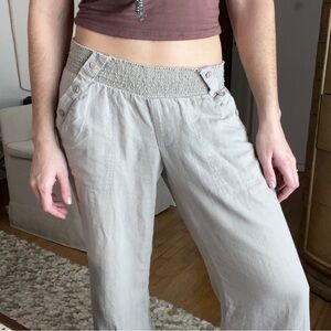 Tan and cream natural linen wide leg trousers